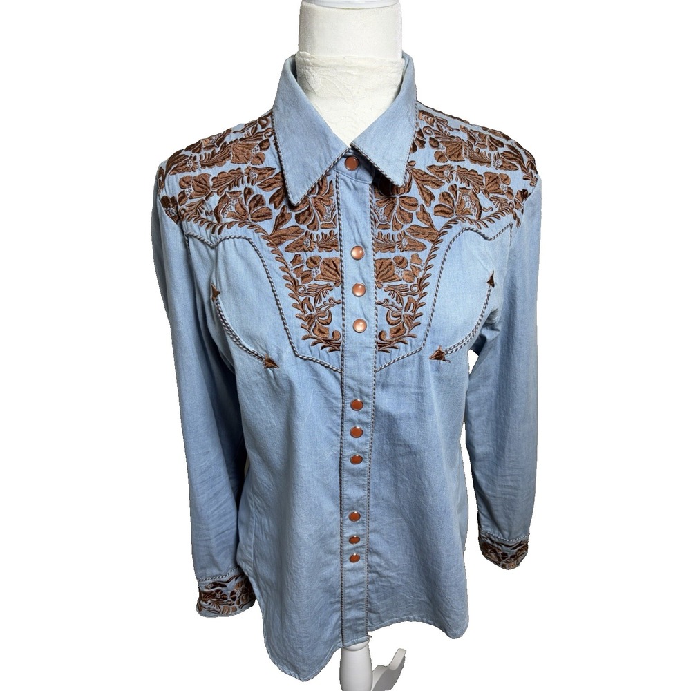 Scully Pearl Snap Western Shirt ~L~ Blue Cotton Brown Floral Embroidered Cowgirl